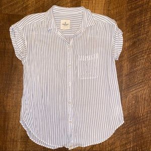 Blue and white striped button down top with pocket